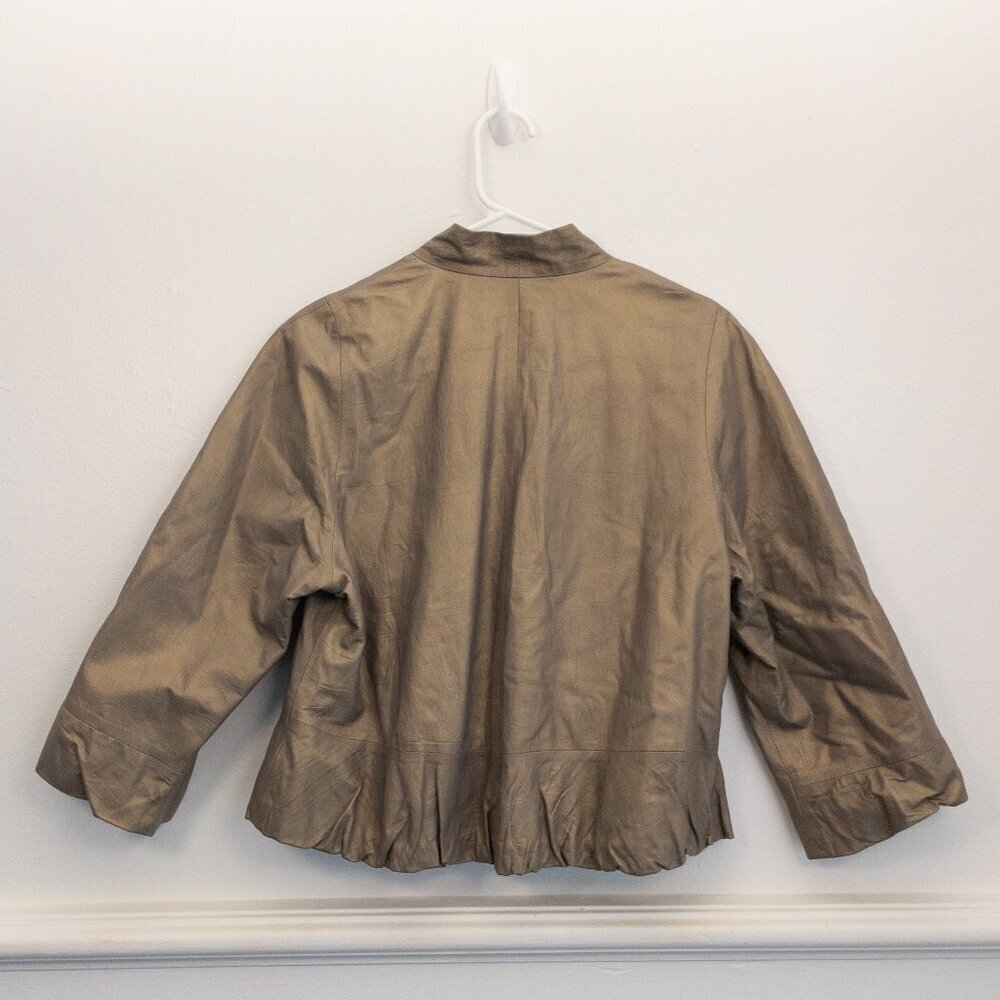 Vintage Genuine Leather Satin-Lined Puff Sleeve Button Jacket – Taupe Size M - Picture 3 of 5